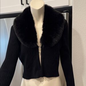 Taylor Women's Faux-Fur-Collar Rib-Knit Cardigan Black L